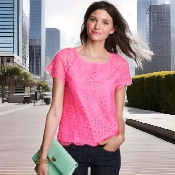 J. Crew Size 12 Raindrop Lace Top Style 68394 Short Sleeve PINK Coral Blouse - Picture 1 of 5